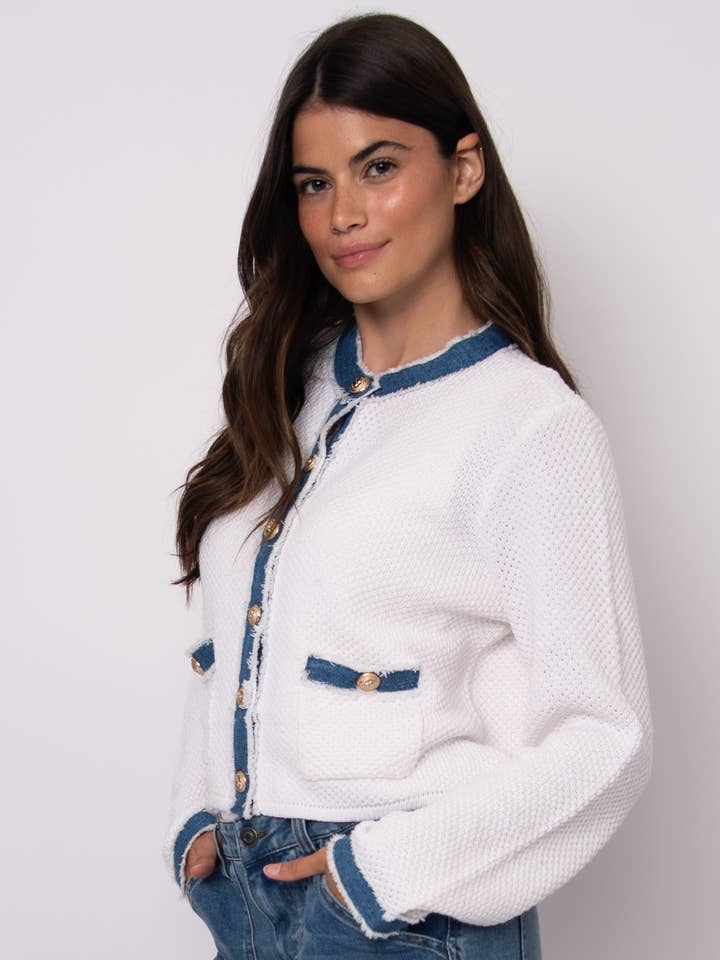 CBC IVORY JAZZLYN LONG SLEEVE DENIM COMBO CARDIGAN- 77S736S for wholesale on Faire1