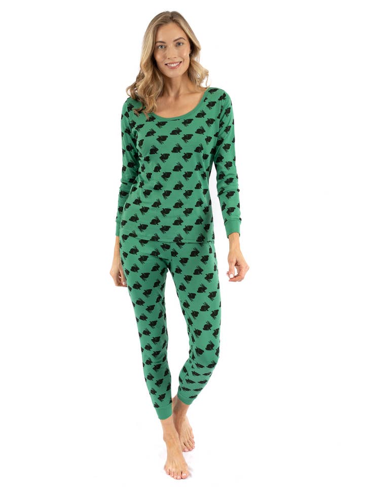 Womens Two Piece Cotton Pajamas Bunny Rabbit Green Easter for wholesale by Leveret Pajamas