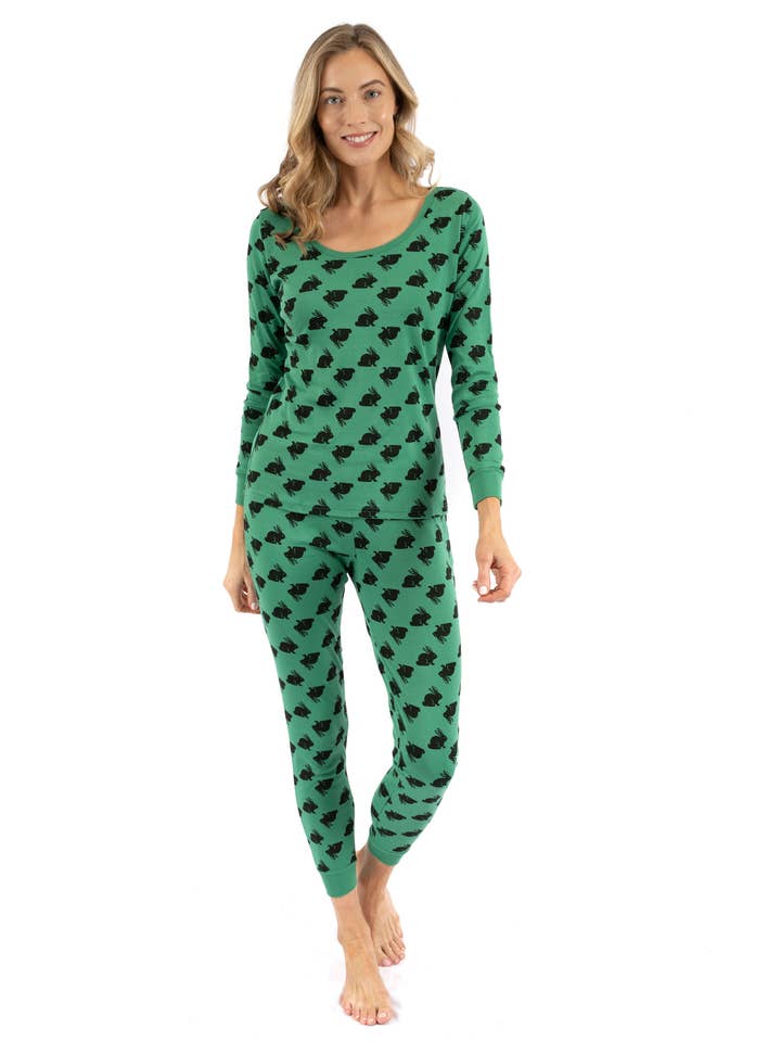 Womens Two Piece Cotton Pajamas Bunny Rabbit Green Easter for wholesale by Leveret Pajamas