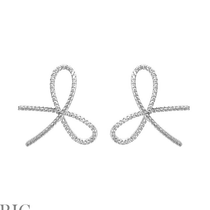 Silver Rhinestone Bow Earrings - 28039CR-R for wholesale by Selini New York