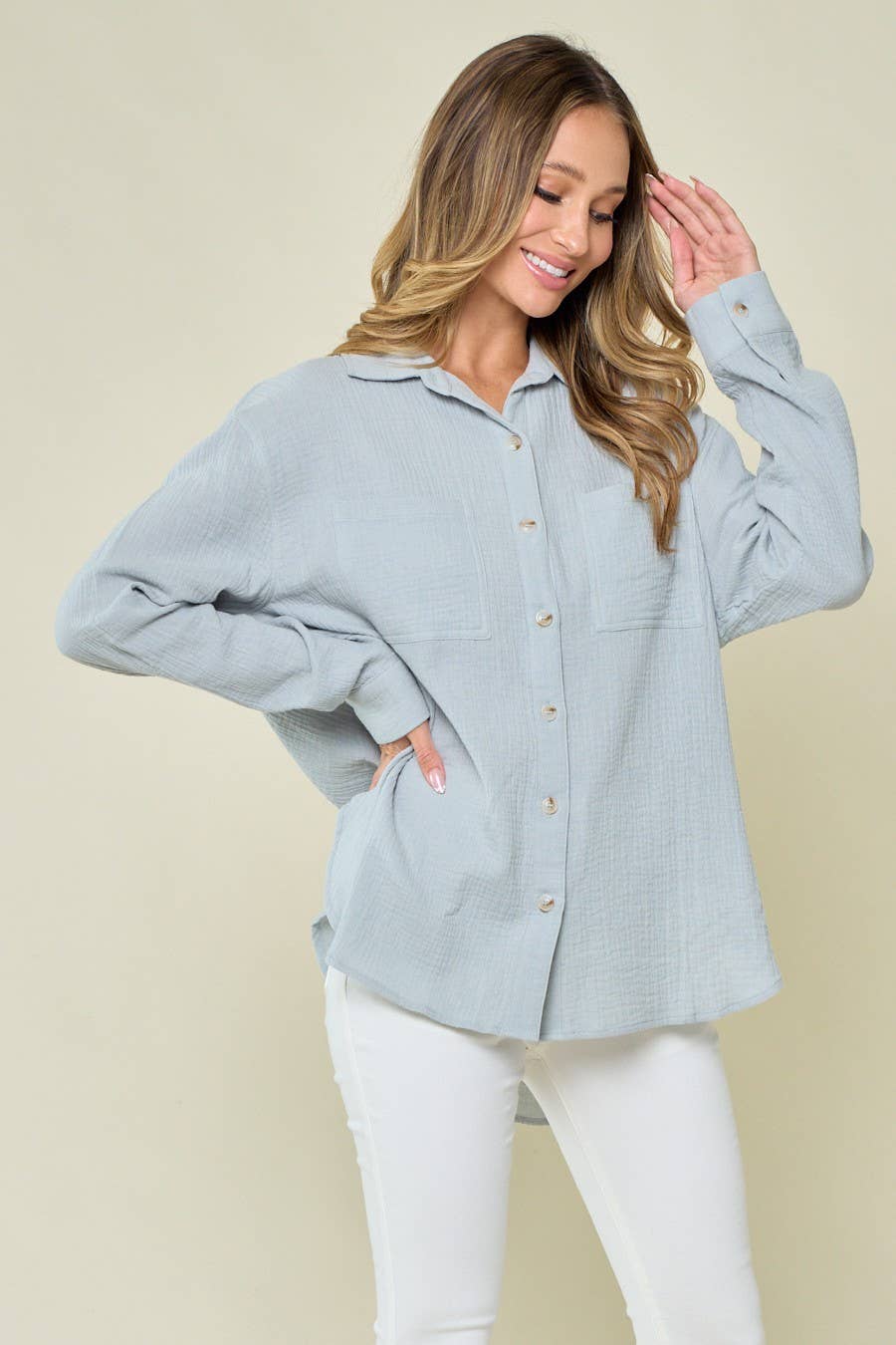 WISTERIA LANE - Wholesale Button Down Shirt - Women's - OVERSIZED GAUZE SHIRTING - 1353 LIGHT GREY 5