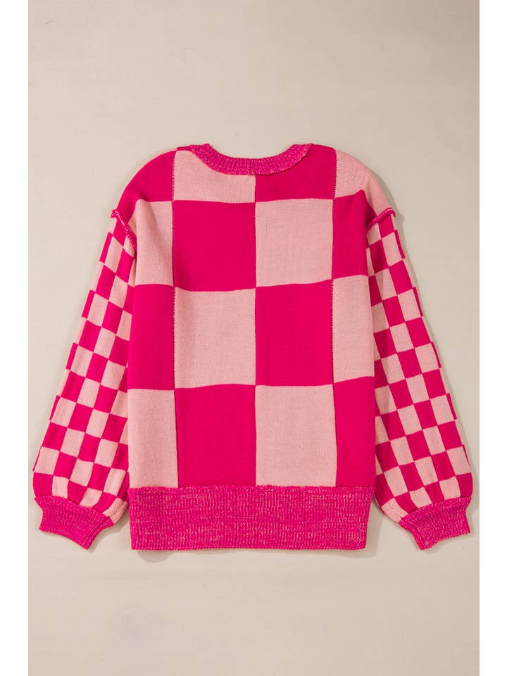 Rose Red Mixed Checkered Pattern Drop Shoulder Loose Sweater for wholesale on Faire