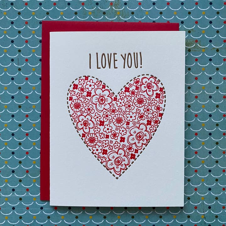 Love You Floral Heart - letterpress cards for wholesale by Lucky Bee Press