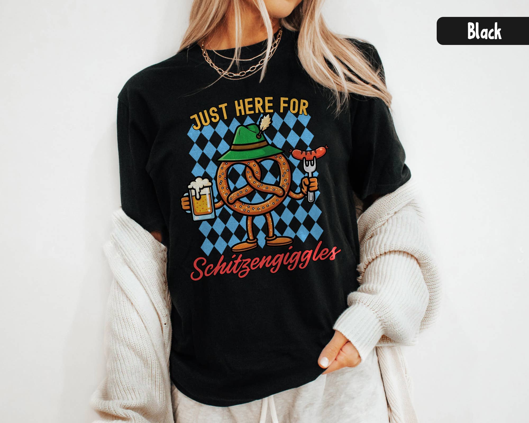 Vivtrek - Wholesale Screen Printed T-Shirt - Women's - Just Here for Schitzengiggles Funny German Beer Shirt5
