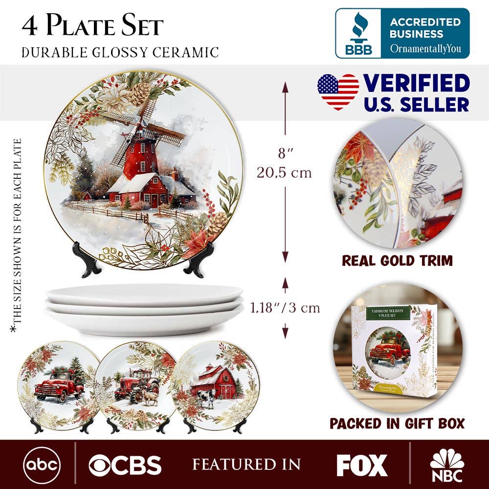 OrnamentallyYou - Wholesale Dinnerware Set - Farmhouse Christmas Set of 4 Plates with Real Gold Elements1