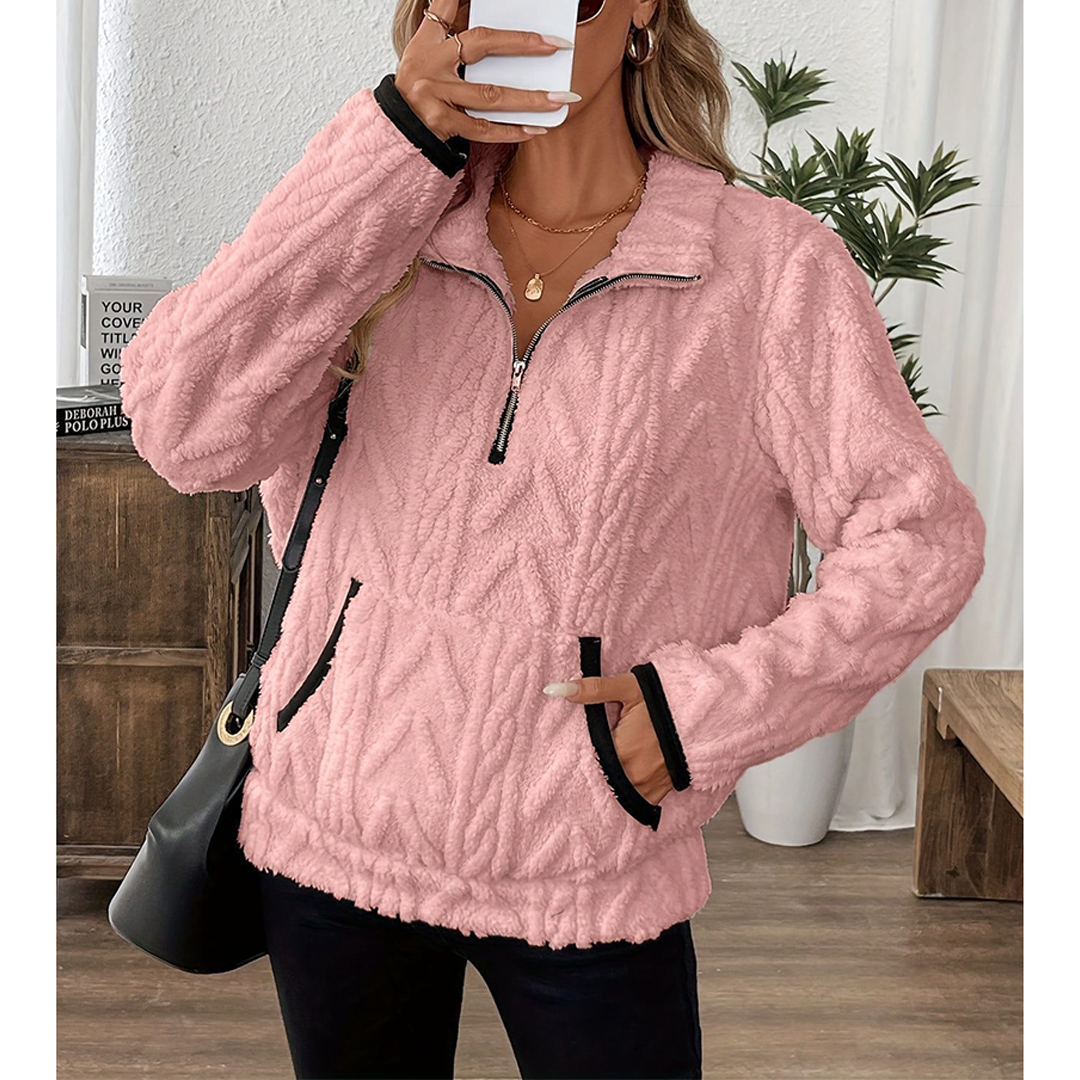 UNISHE - Wholesale Sweatshirt - Women's - Collared Jacquard Half-Zip Fleece Pocket Sweatshirt ZK372018