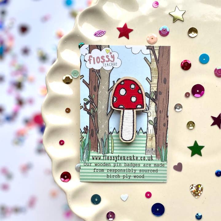 Toadstool Wooden Pin Badge for wholesale by Flossy Teacake