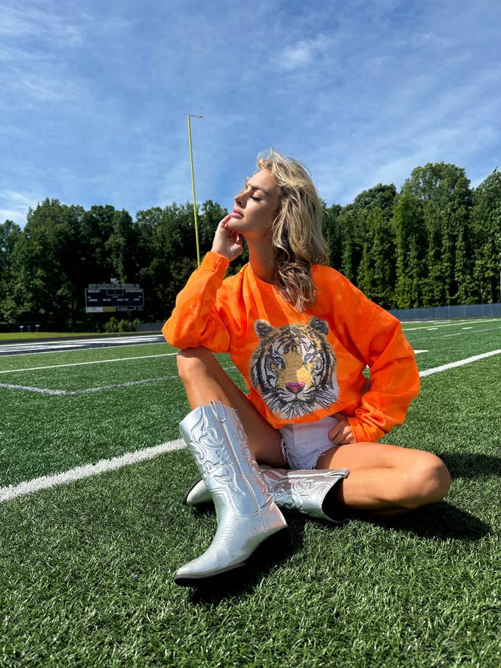 NEON ORANGE TIGER CREW for wholesale by Distressed Vintage Couture