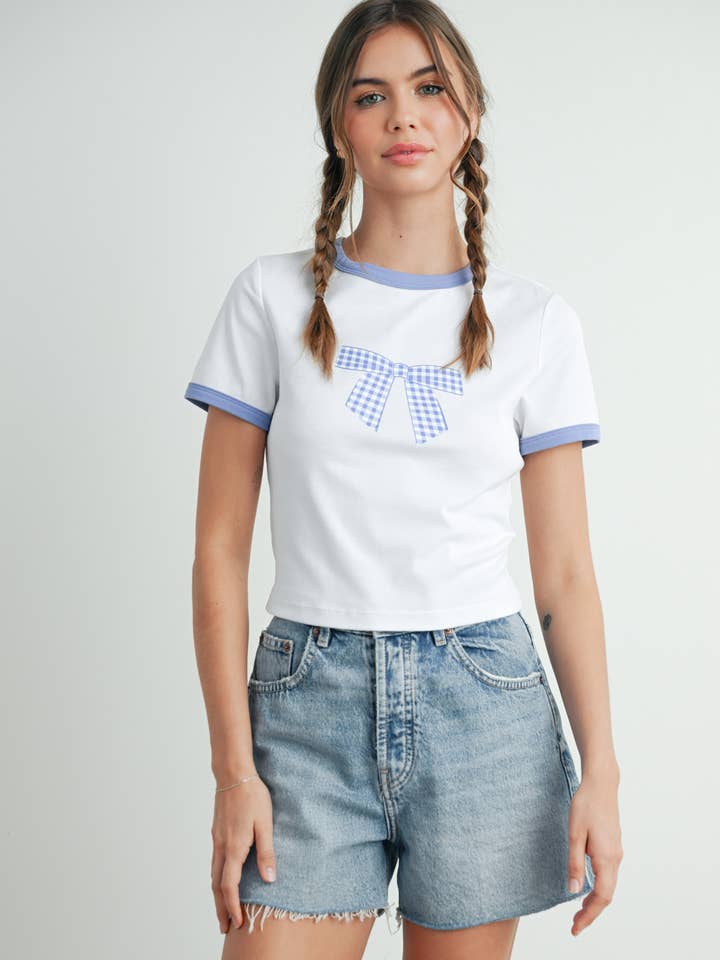 BUTTERMELON - Wholesale Screen Printed T-Shirt - Women's - Bow Print Crop Tee - BMT7649