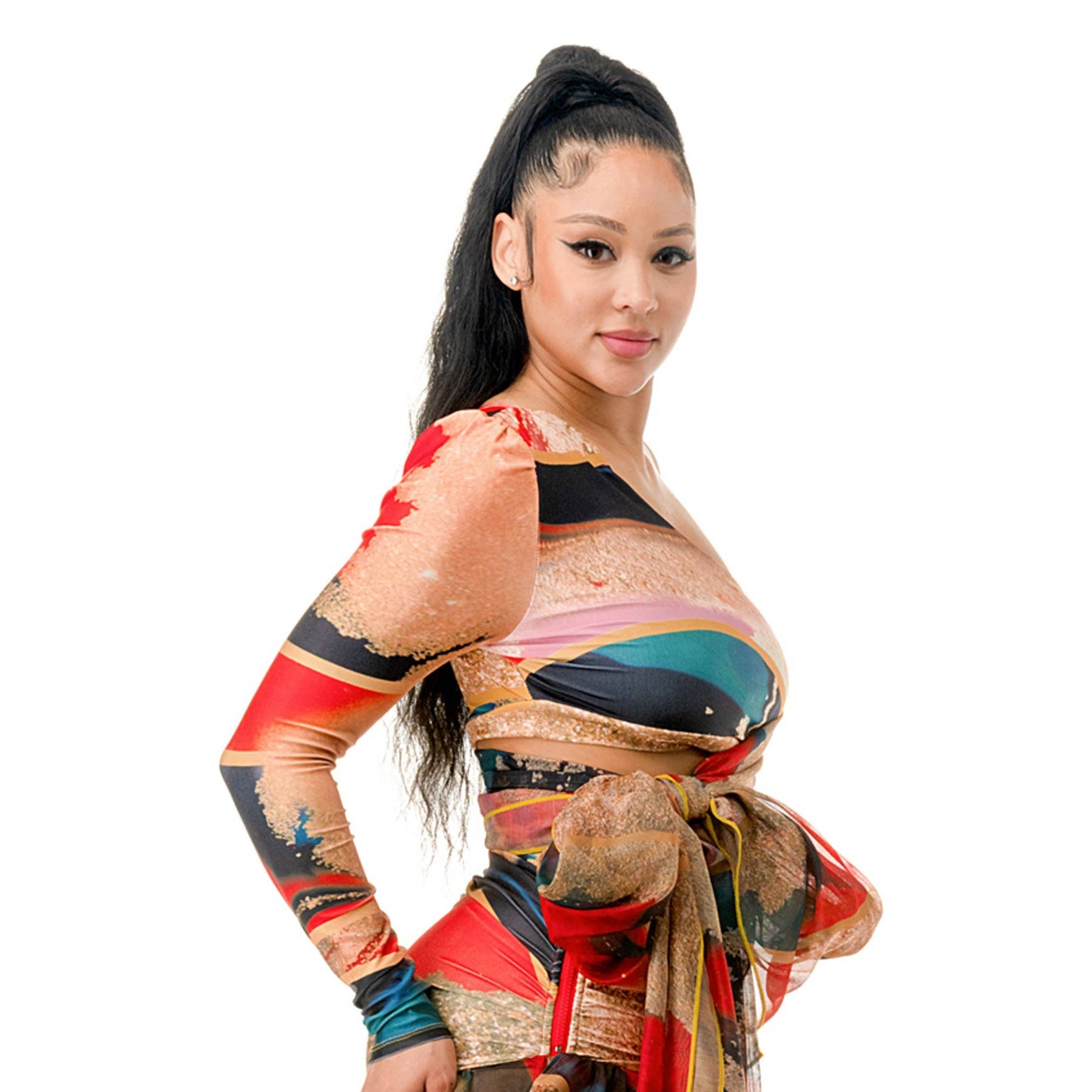 MULTI One-Shoulder Long Sleeve Chiffon Crop Top for wholesale on Faire1