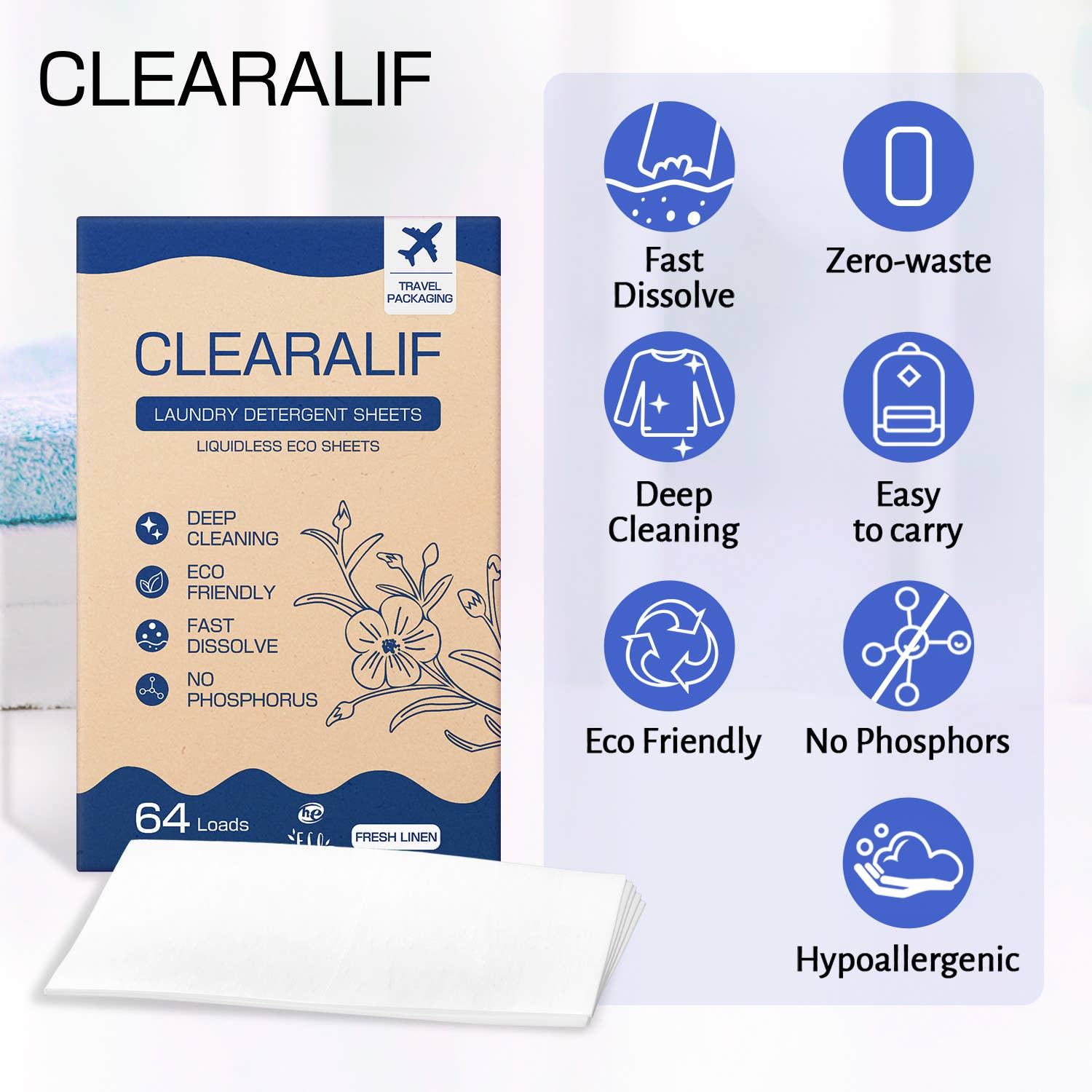 Clearalif - Vente Lessives en poudre/dosettes - Feuilles de détergent à lessive CLEARALIF 64 charges, linge frais1