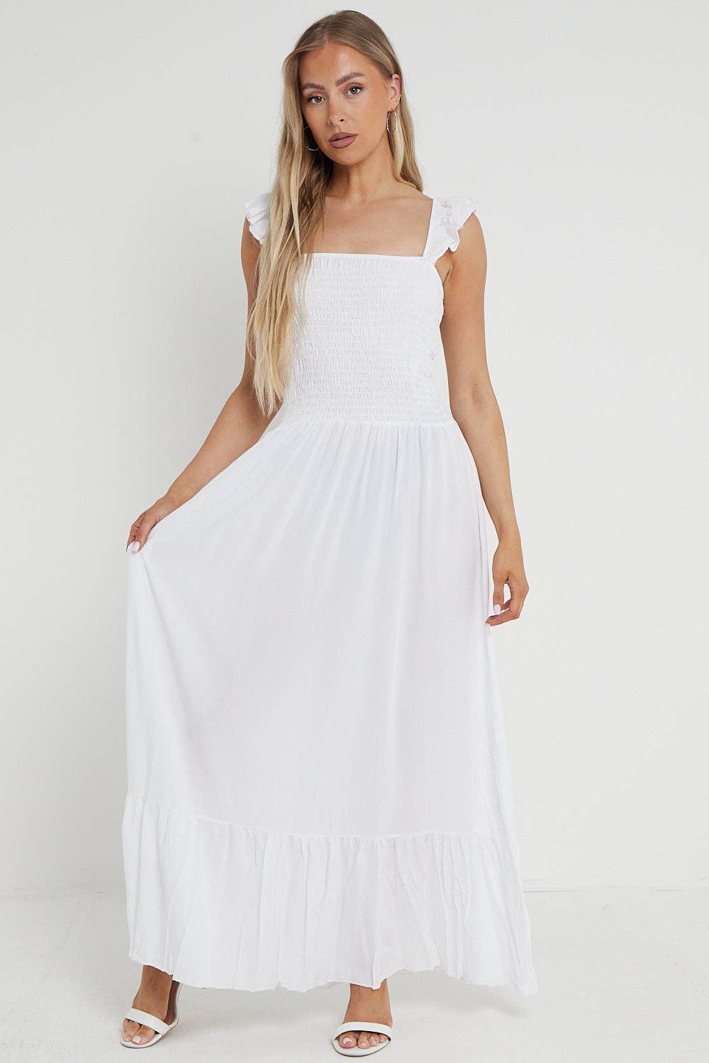 Aftershock London – wholesale Dress – Women's – White Shirred Maxi Dress With Frill4