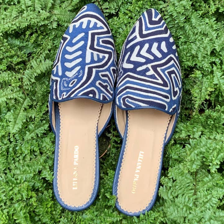 Mola Mules Blue Fish Size 39 Flat for wholesale by Liliana Pardo Atelier