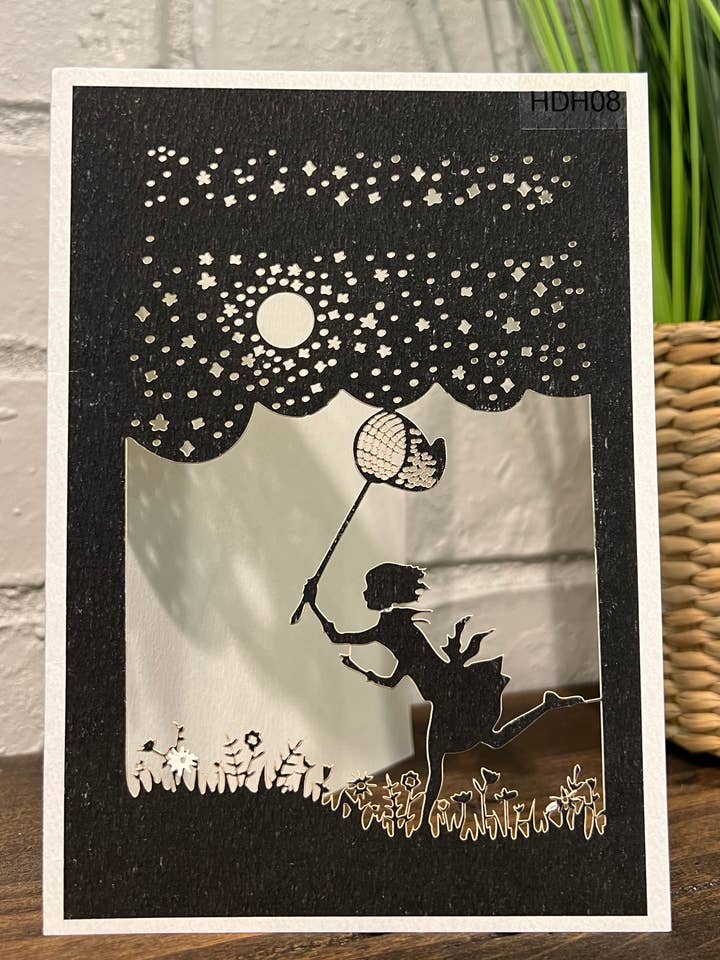 Girl firefly catcher silhouette laser cut card for wholesale by Shadywood Designs