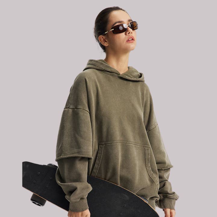 Dames katoenen retro faux-tweedelige gewassen hoodie voor wholesale door particleactive