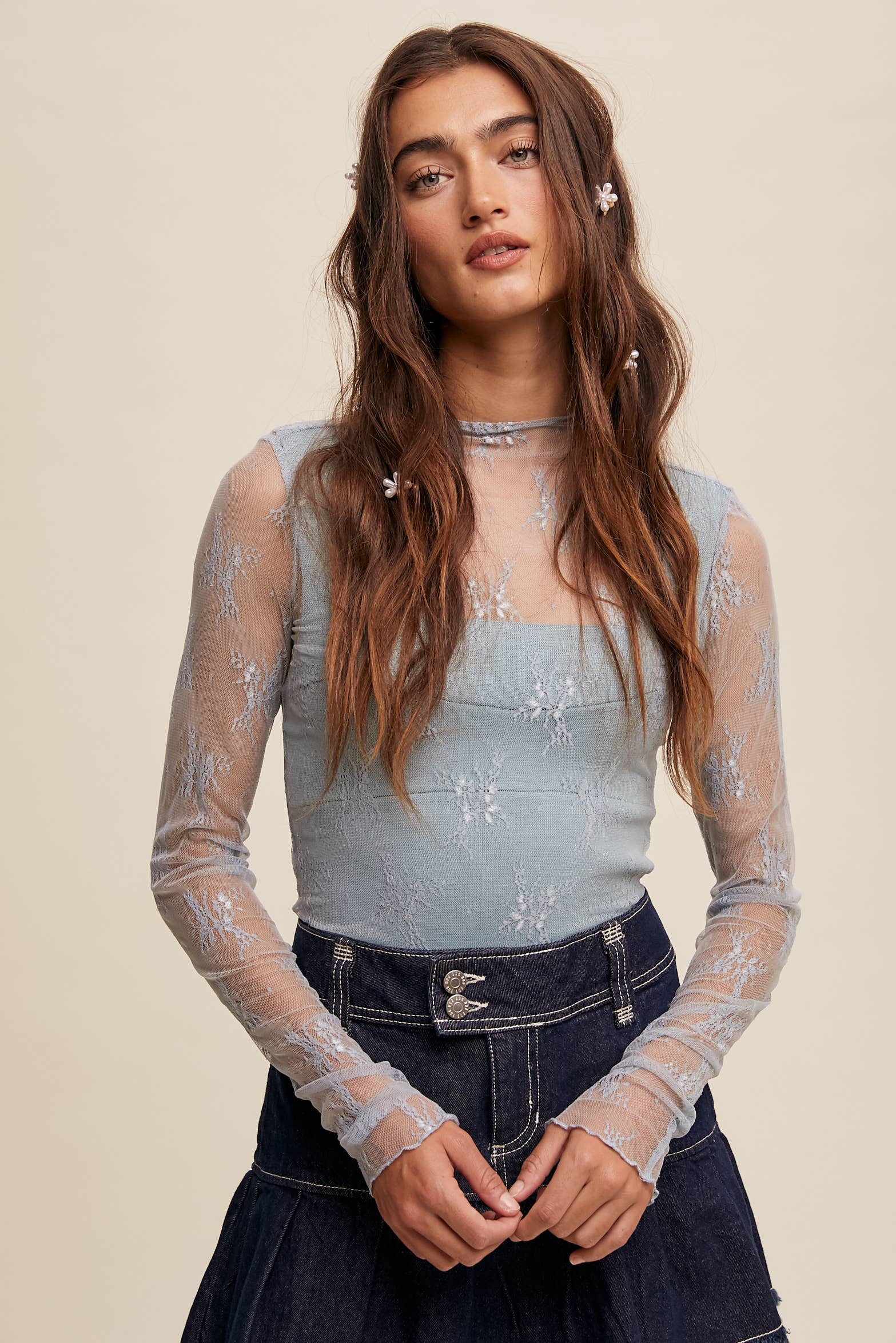 Listicle - Wholesale Blouse - Women's - Sheer Lace Long-Sleeve Top105