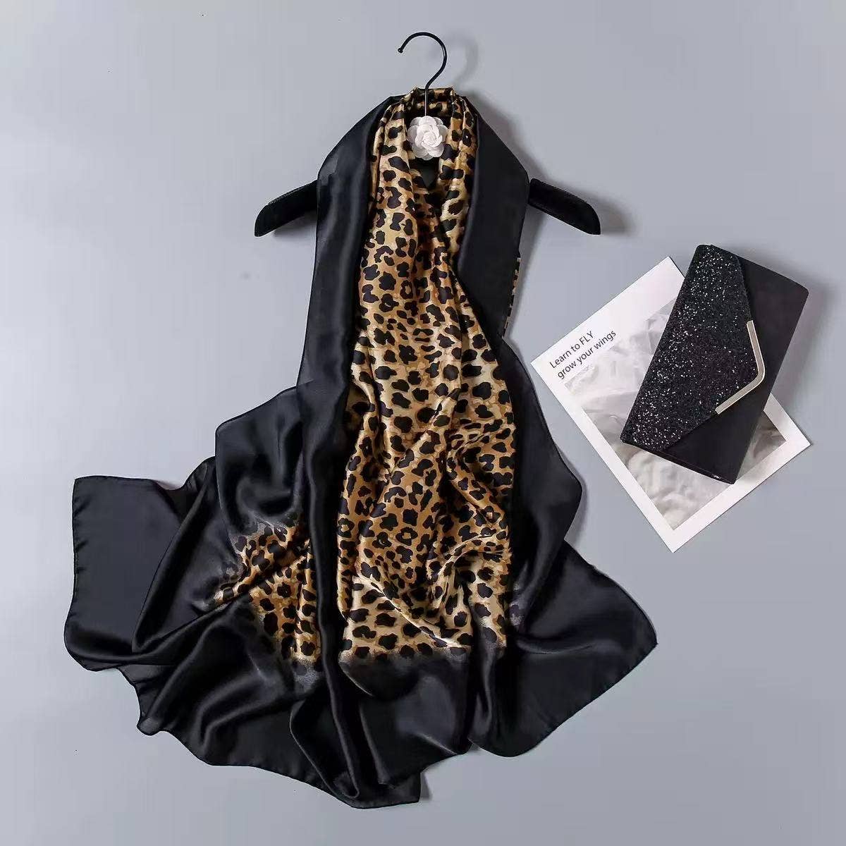 PEACH ACCESSORIES - Wholesale Scarf - Women's - Leopard Print Satin Scarf in Black TT3420
