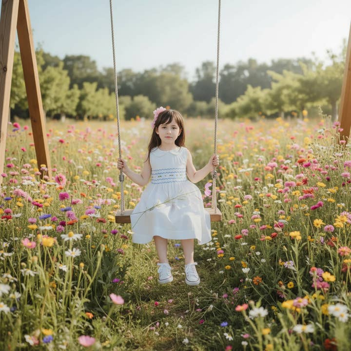 Abito smanicato bianco con fiori e smock geometrico per la vendita all'ingrosso da parte di Hello Bebes!