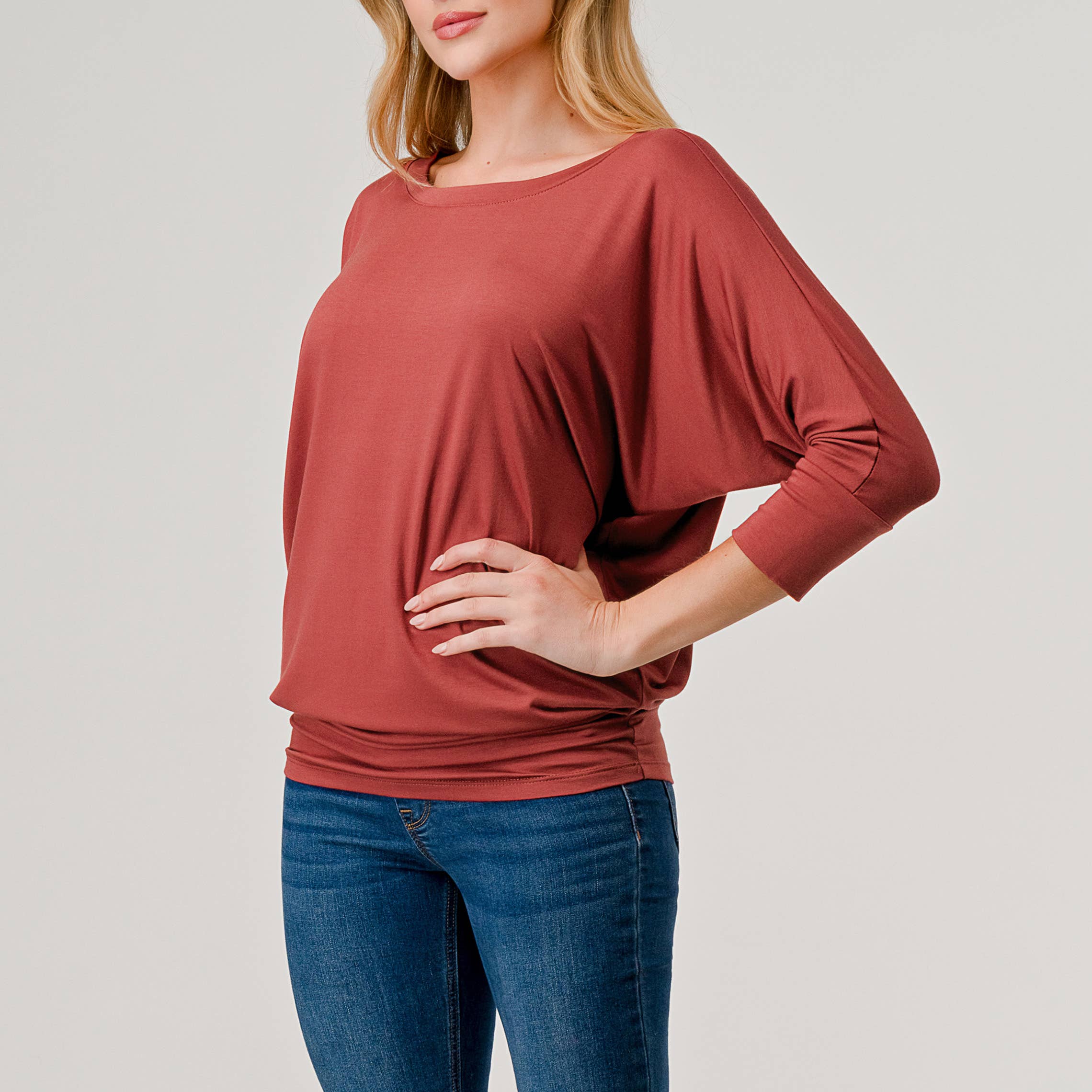 Heimious - Wholesale Knit Top - Women's - 3/4 Dolman Sleeve Round neck Modal Jersey  Top, 25033