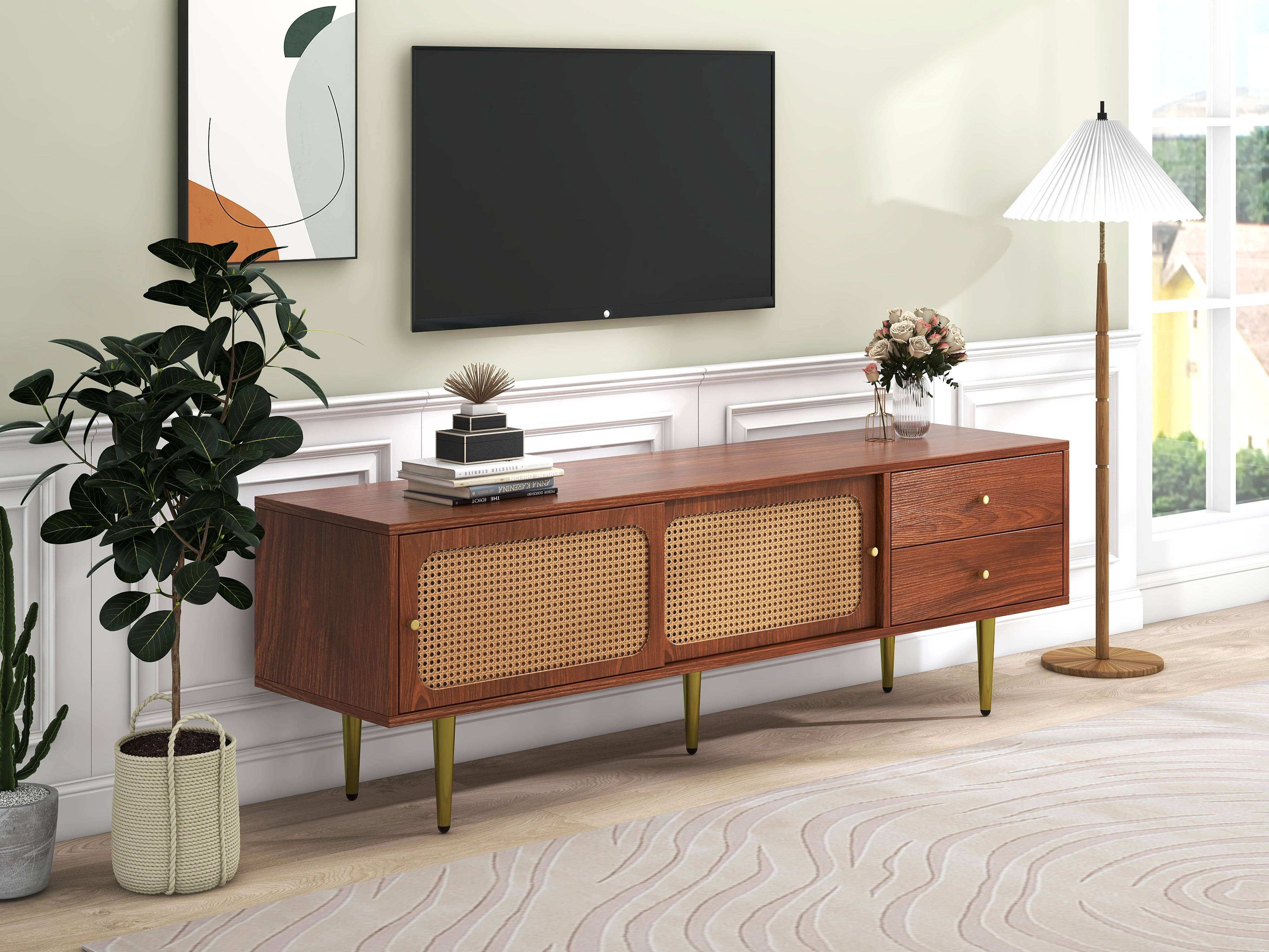 Urban Meuble - Wholesale Console Table - Dark wood effect rattan TV stand with 2 sliding doors, 2 drawers, and gold legs IZEID17