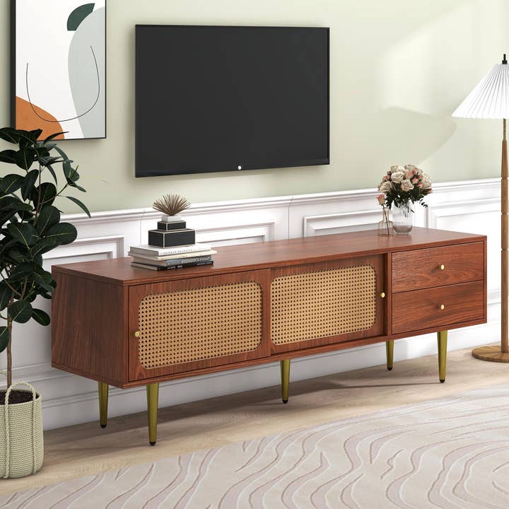 Urban Meuble - Wholesale Console Table - Dark wood effect rattan TV stand with 2 sliding doors, 2 drawers, and gold legs IZEID17