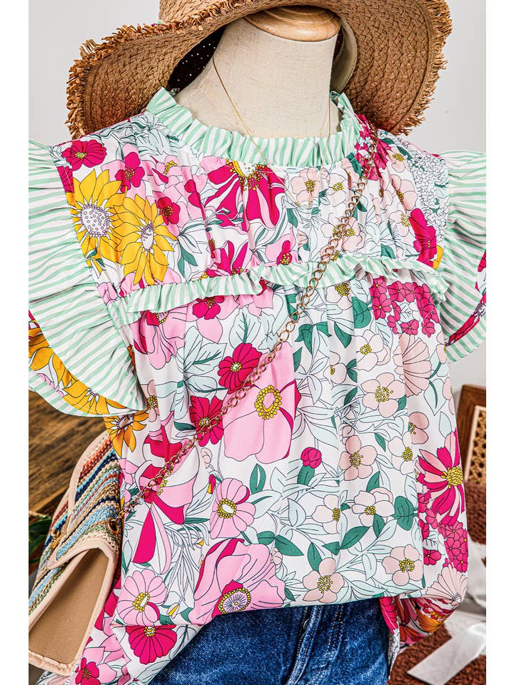fashionworks - Wholesale Blouse - Women's - Fashion-W Floral Contrast Ruffle Trim Short Sleeve Blouse