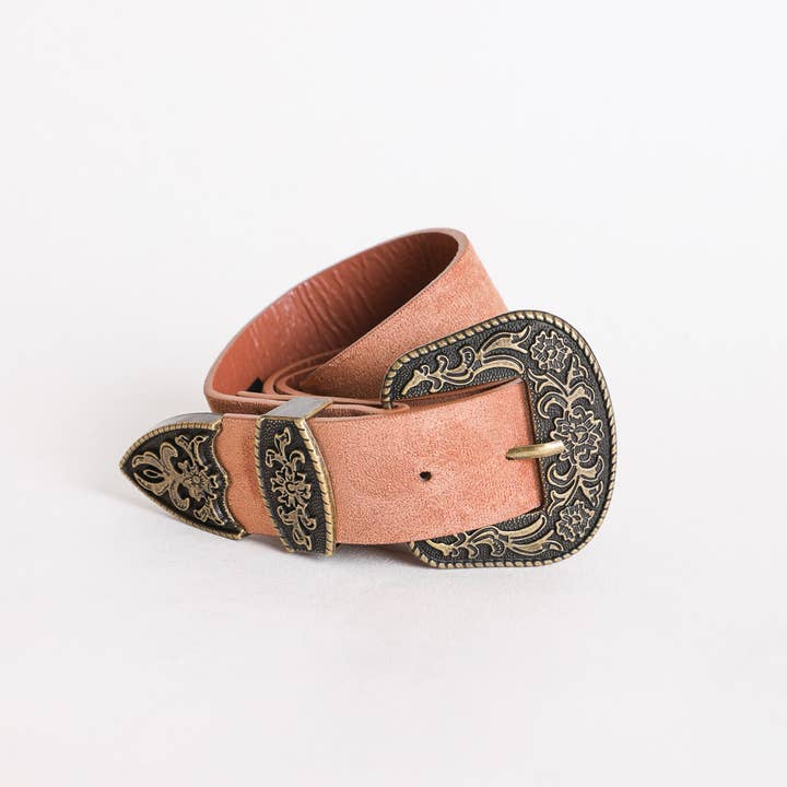 Leto Accessories - Wholesale Belt - Women's - Suede Antique Gold Western Buckle Belt