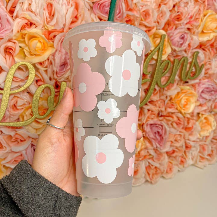 Lovely JEN's Designs - Wholesale Drinking Glass/Cup - Pink Retro Flowers Starbucks Cup5