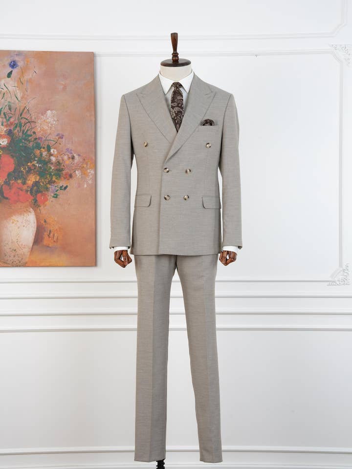 parez suits – wholesale Suit set – men's – Men's Beige 2-Piece Peak Lapel Double Breasted Suit1
