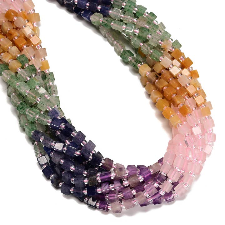 03 Fio de Contas em Forma de Cubo Liso de Pedras Preciosas Multicoloridas Tamanho 4mm 15" por atacado de CRCBEADS