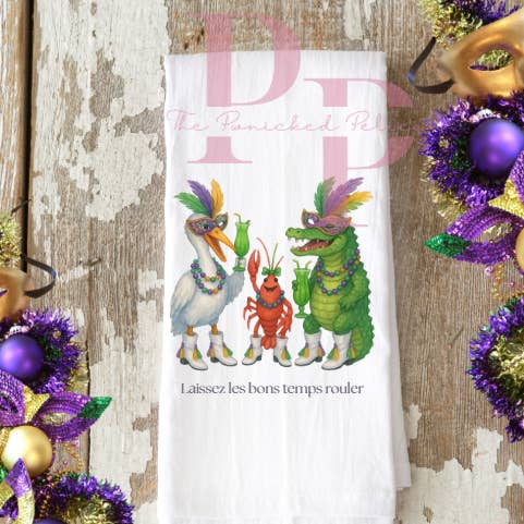 Funny cajun drinking mardi gras towel for wholesale by The Panicked Pelican