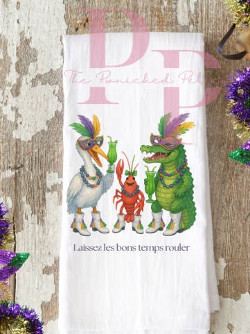 Funny cajun drinking mardi gras towel for wholesale by The Panicked Pelican