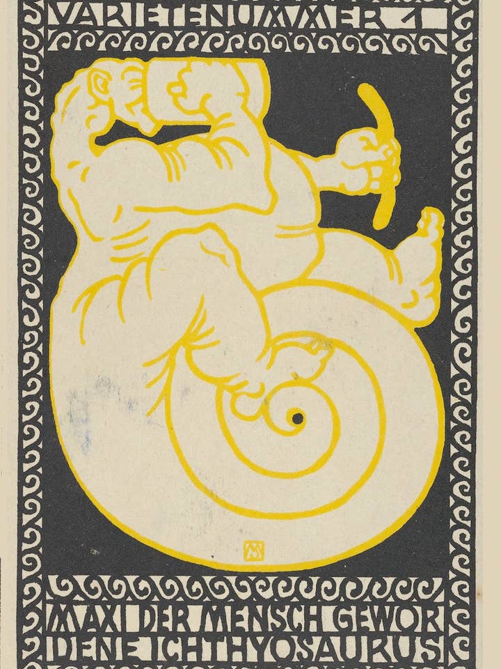 Numéro de variété 1 Maxi l'Ichthyosaure devenu homme (Varietenummer 1 - Maxi der Mensch Gewor Dene Ichthyosaurus) par Moriz Jung, 1907 - carte postale pour la vente par Flashback Shop