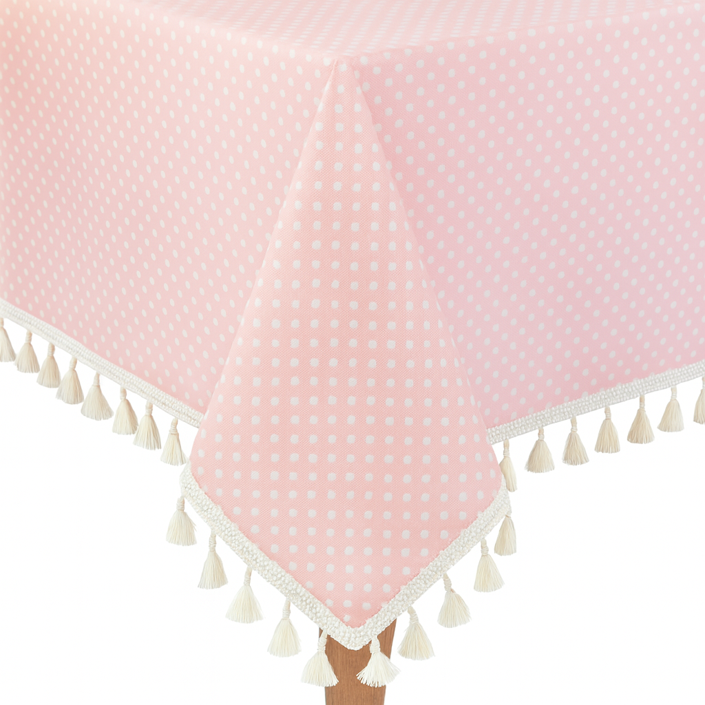 Fennco Styles - Vendita all'ingrosso Tovaglie - Tovaglia in misto cotone rosa con nappine a pois bianchi1