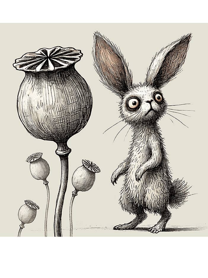 Whimsical Animal Art Print, Poppies & Rabbit, 12x13 for wholesale by Thistle and Tale Press