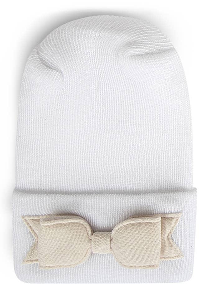 Hospital Hat - Linen Cream Bow for wholesale by Adora Baby Gifts