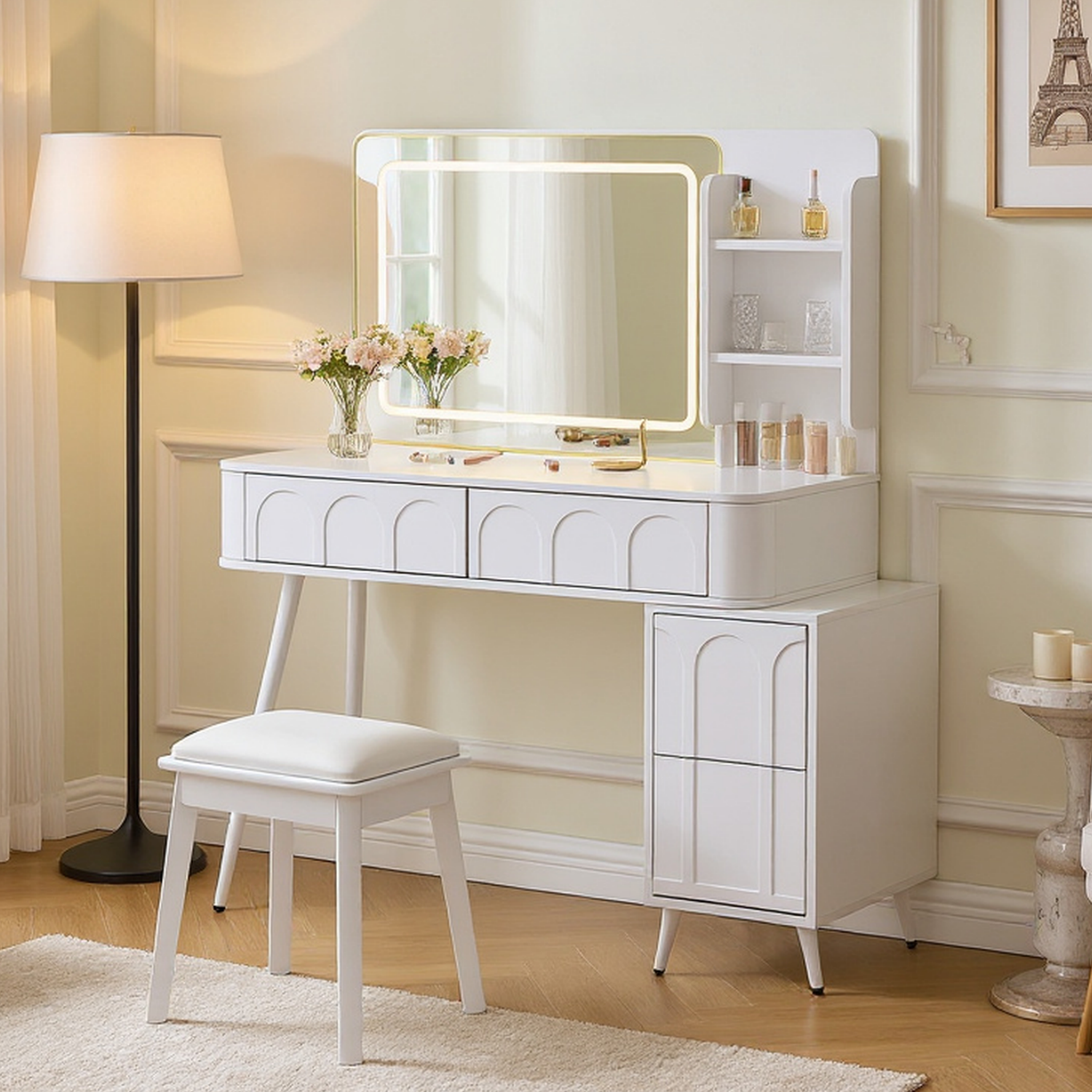 White Modern Makeup Vanity Desk with LED Lights & Mirror for wholesale on Faire6