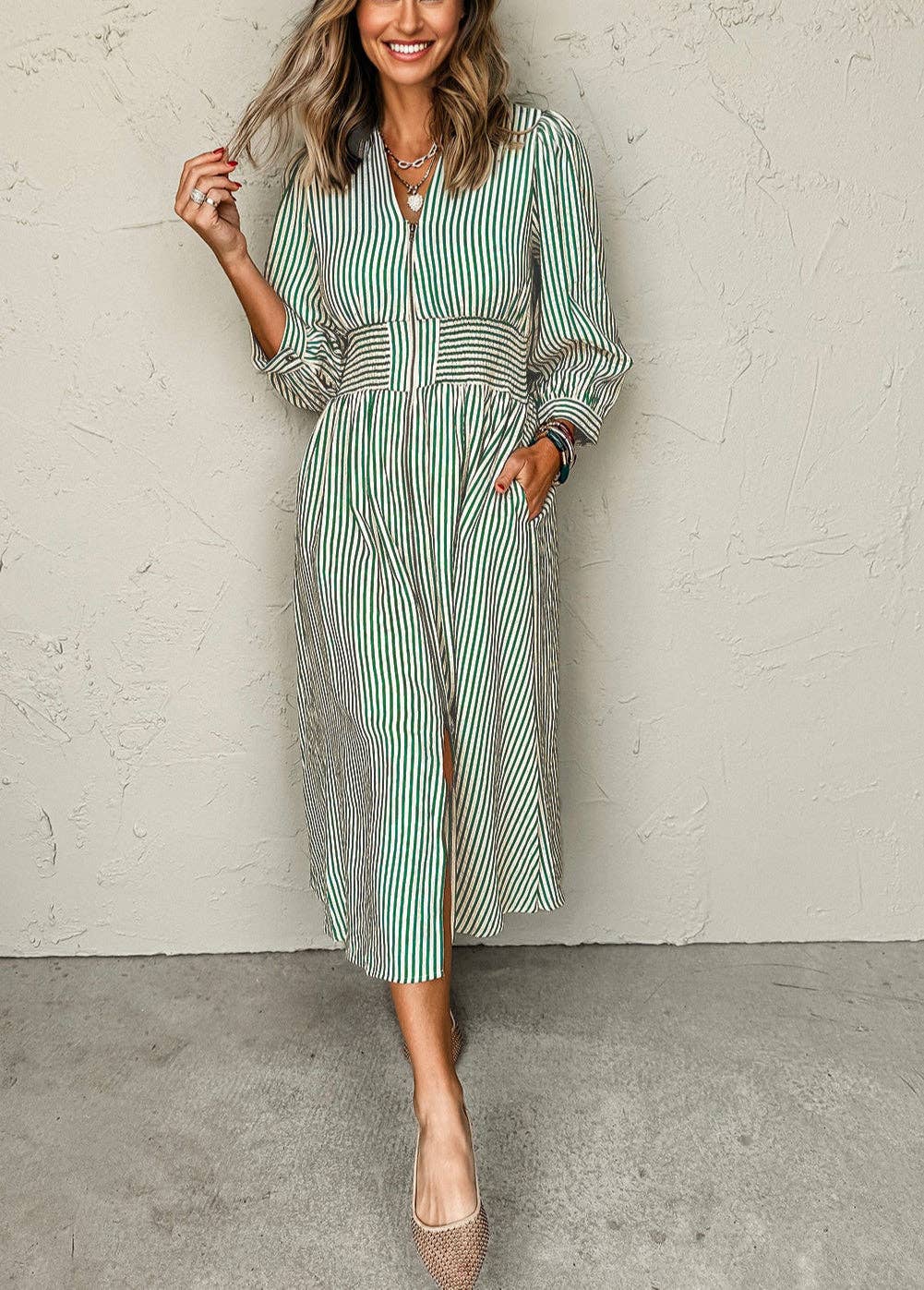 Lovesoft - Wholesale Dress - Women's - Green Stripe V Neck Zip Front Cinched High Waist Midi Dress2