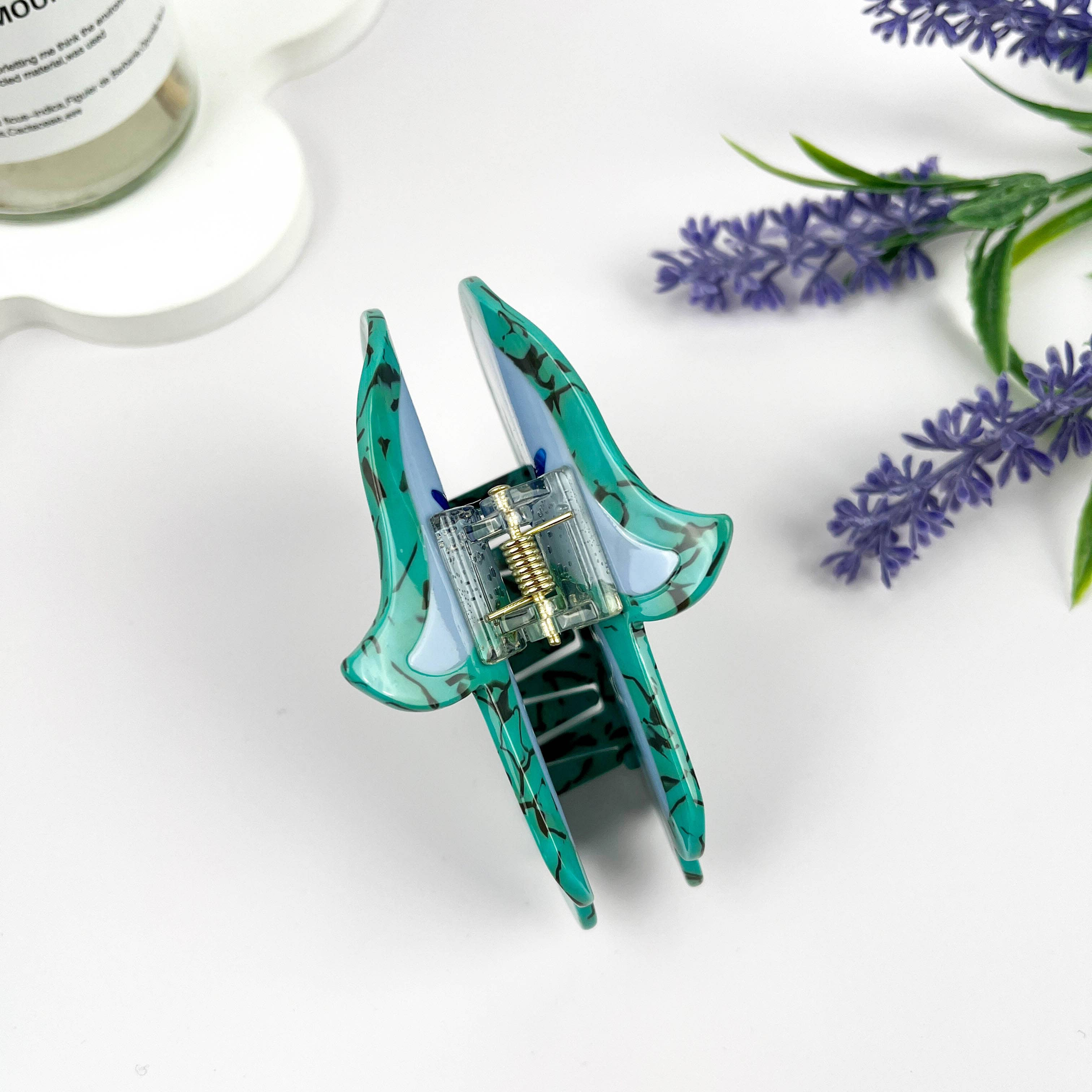 Green Neoclassical Buddha Hand Acetate Hair Claw Clip for wholesale on Faire5