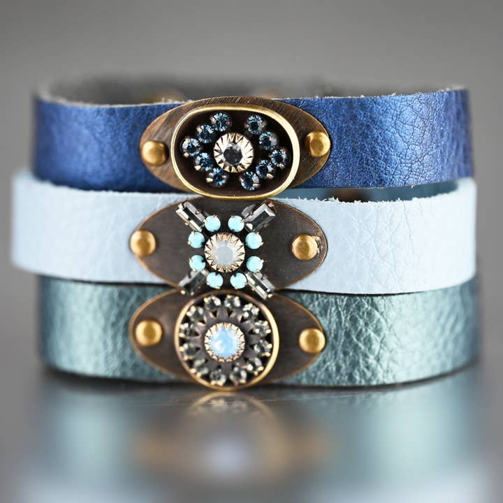 Vintage Stone Stacker Cuff (Bright Leather Options) for wholesale by KBD Studio