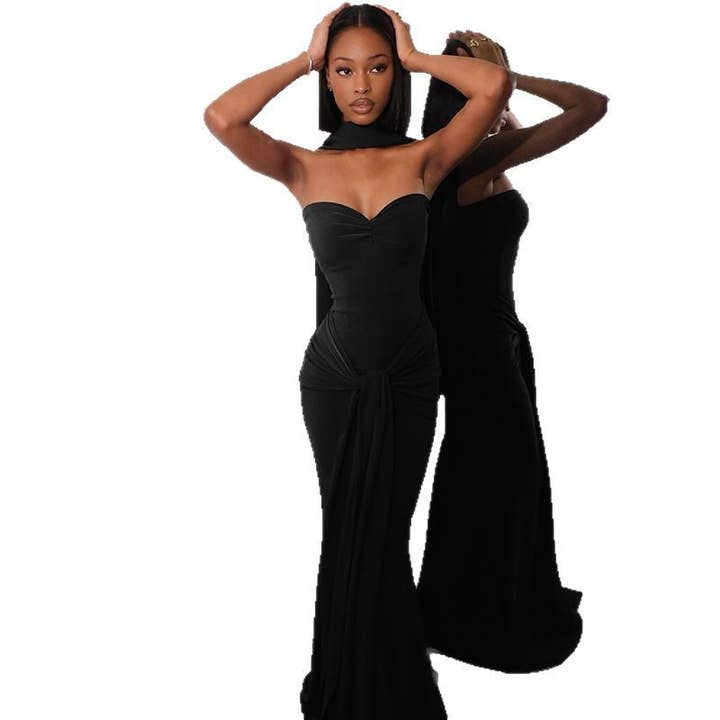 Matryoshka Today - Venta al por mayor Vestido - Mujer - Conjunto de vestido con bustier anudado y cuello de bufanda vanguardista – Mono drapeado asimétrico