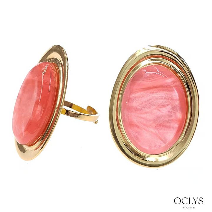 Oclys - Wholesale Cocktail/Statement Ring - Colorful oval resin ring in gold stainless steel Viji2