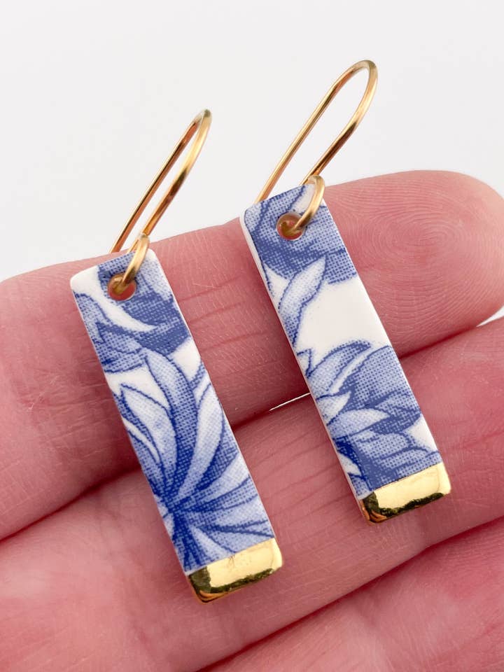 Blue China Slim Rectangle Dangle earrings with gold tips for wholesale by Clay Blanca