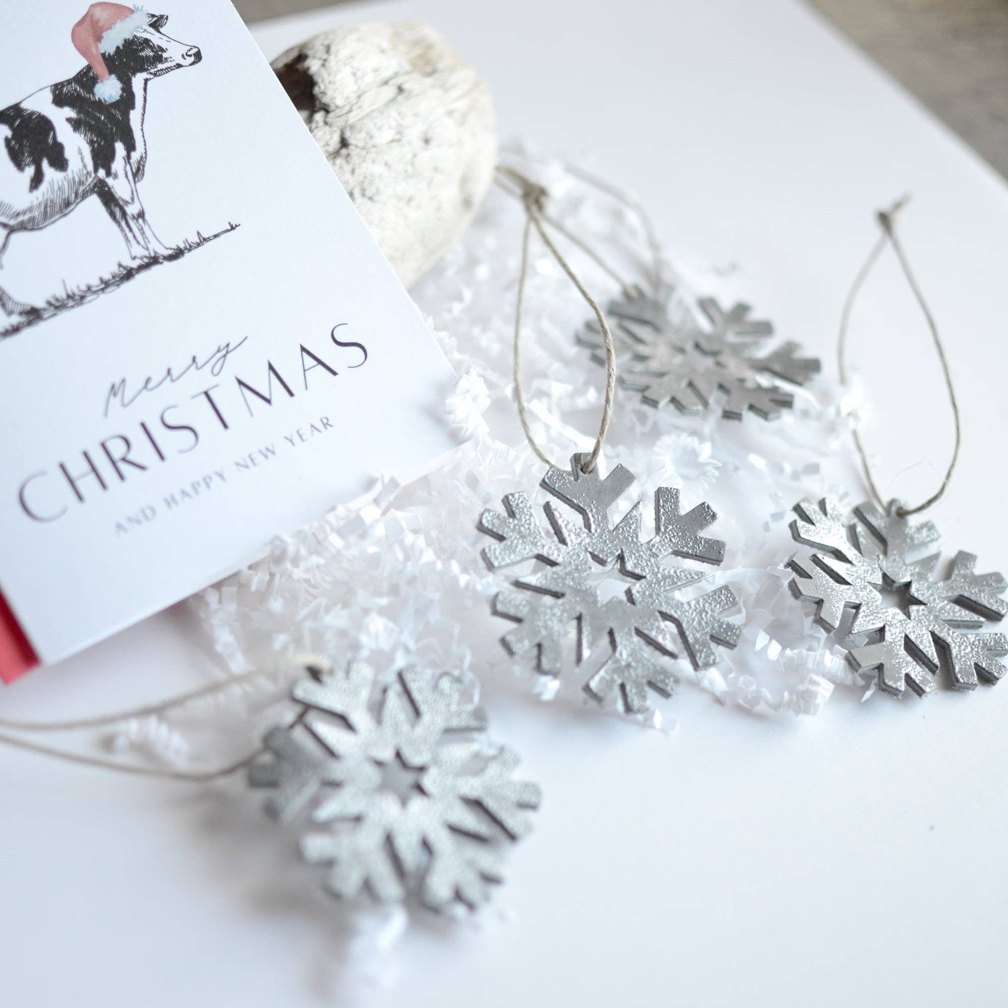 Moss Bags - Wholesale Ornament Set - Leather Snowflake Ornament Box Set: 4 Leather Snowflake Ornaments + 1 Christmas Card5