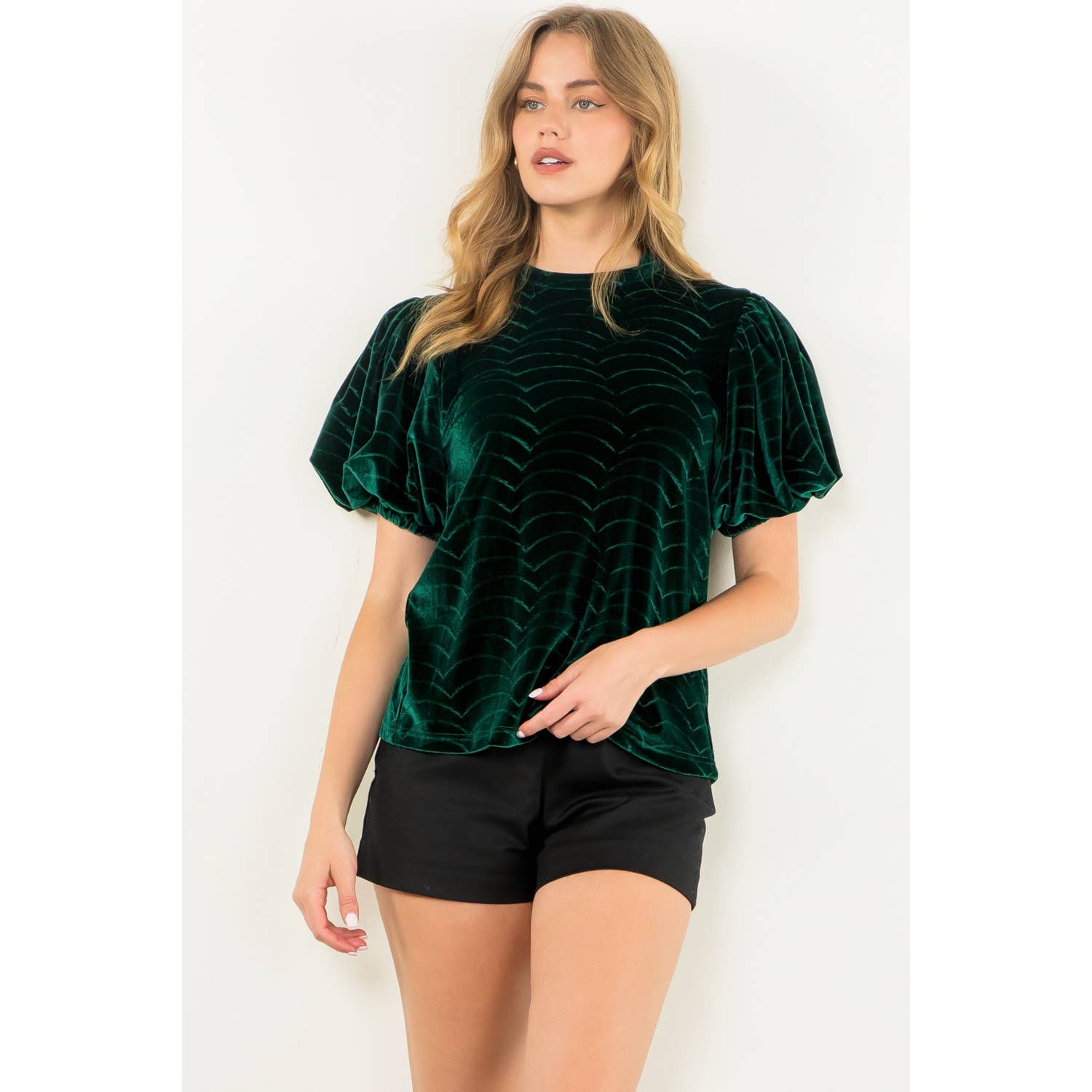 GREEN Puff Sleeve Velvet Top for wholesale on Faire7