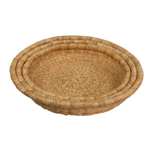 African Market Baskets - Vente Plateaux décoratifs - Paniers Bolga Africains : Ensemble Naturel de 3 Plateaux à Fruits (G-153N)1