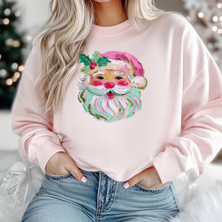 Fox and Owl Apparel - Wholesale Graphic Sweatshirt - Women's - Christmas 2025 Santa pastel pink Holiday graphic sweatshirt0