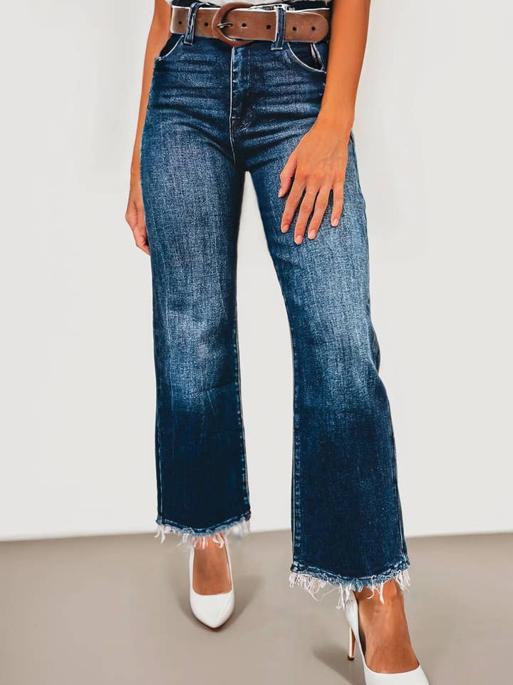 As shown Dark Wash Raw Hem High Waist Jeans | 6-16 for wholesale on Faire