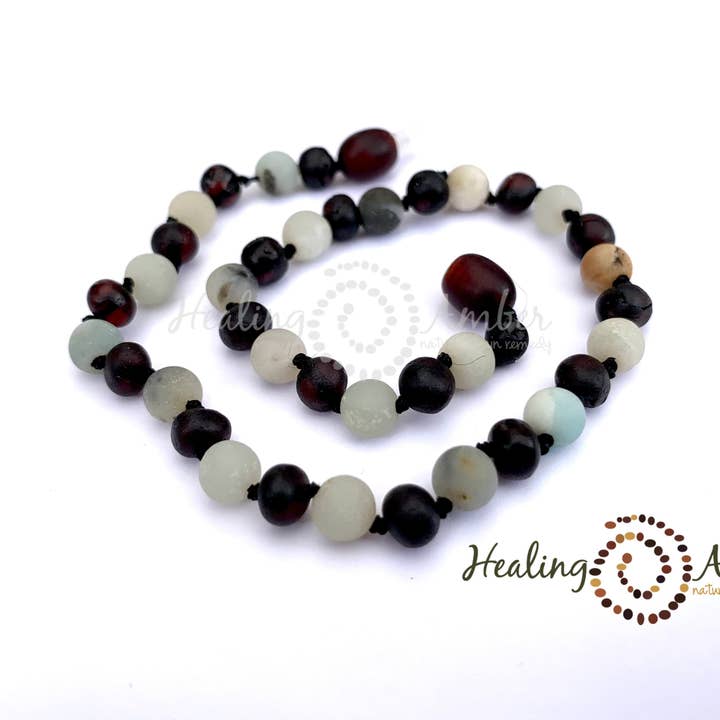 Healing Amber - Wholesale Beaded/Pearl Necklace - Raw Molasses Amber & Amazonite Gemstone-13 inch