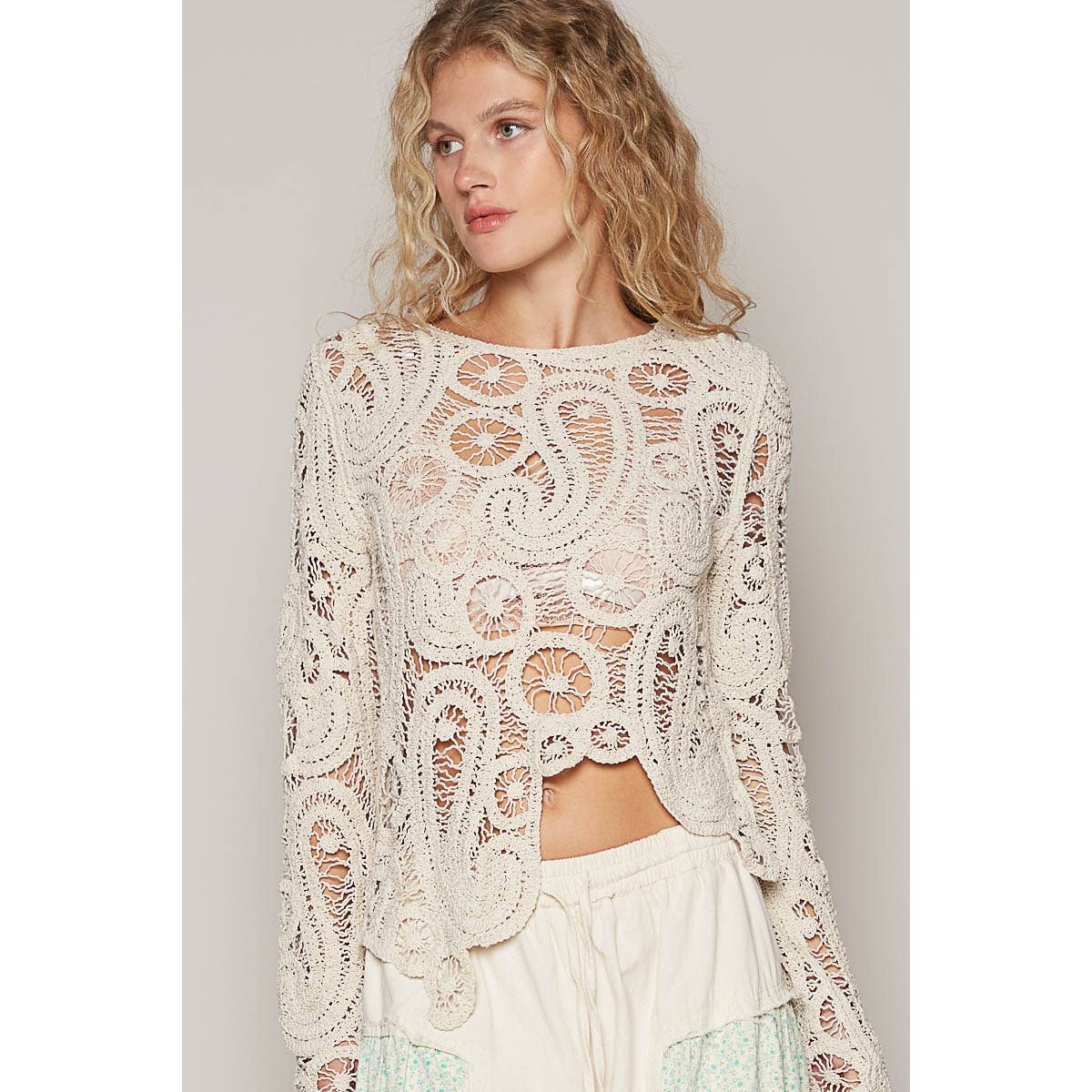 Pol Clothing - Wholesale Knit Top - Women's - Round Neck Long Sleeve Solid Crochet Top9